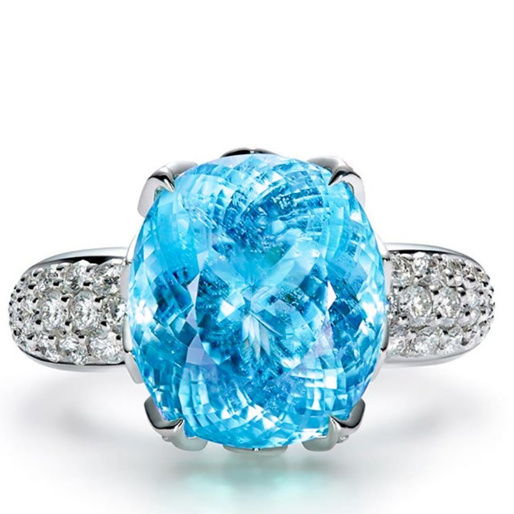 💥 Unique Super Large Oval Lake Blue Gemstone Zircon Rings for Women, PD708